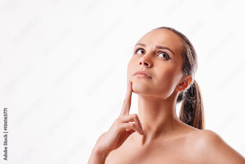 beautiful girl thinking on a white background beautiful girl thinking on a white background