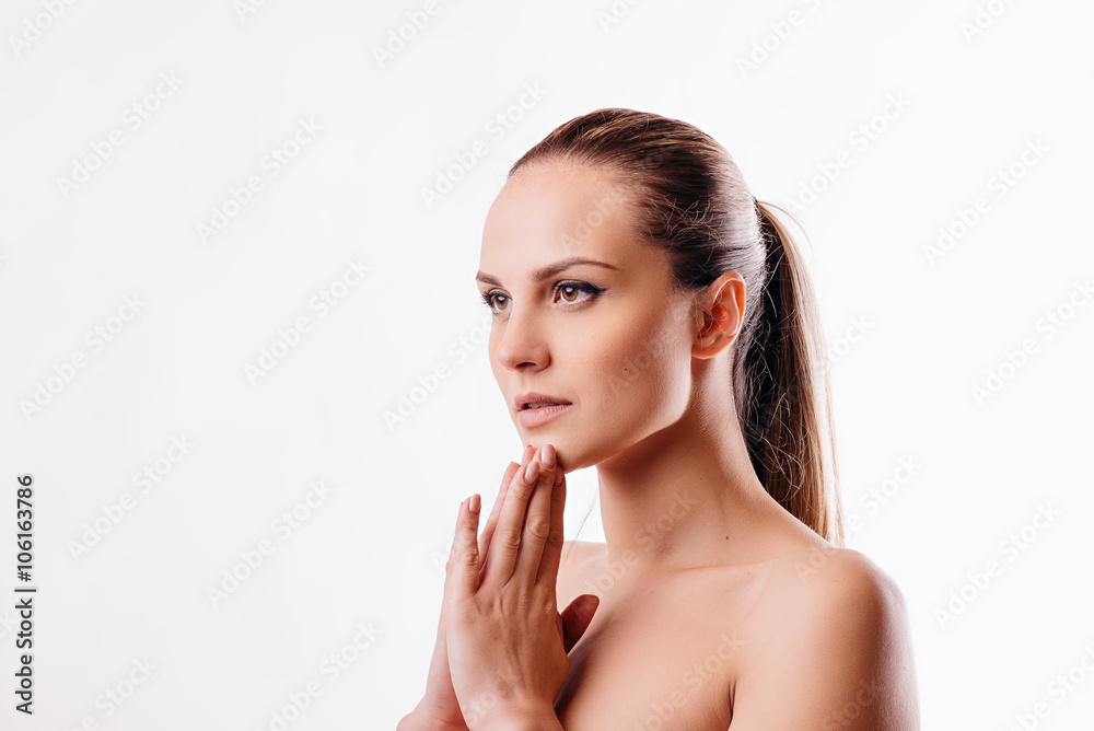 beautiful girl thinking on a white background beautiful girl thinking on a white background
