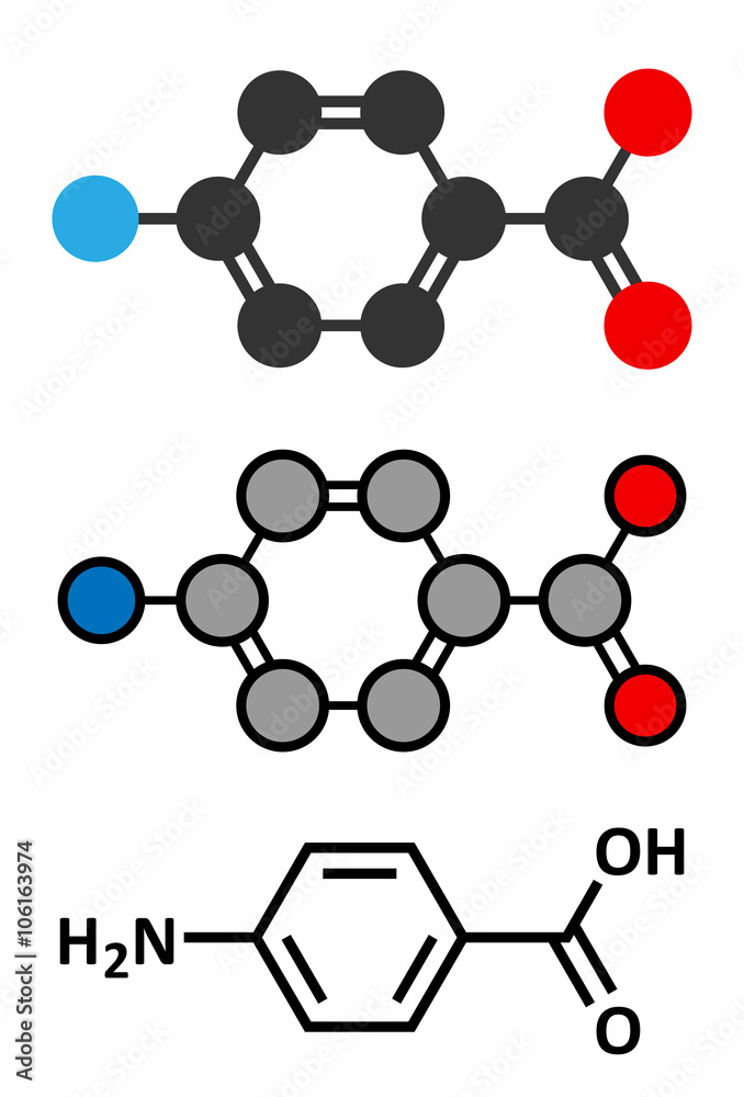 4-aminobenzoic acid (PABA, aminobenzoate) molecule. 4-aminobenzoic acid (PABA, aminobenzoate) molecule.