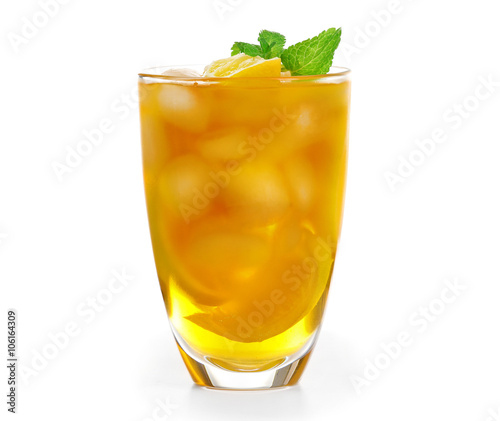 Glass of iced tea with lemon isolated on white