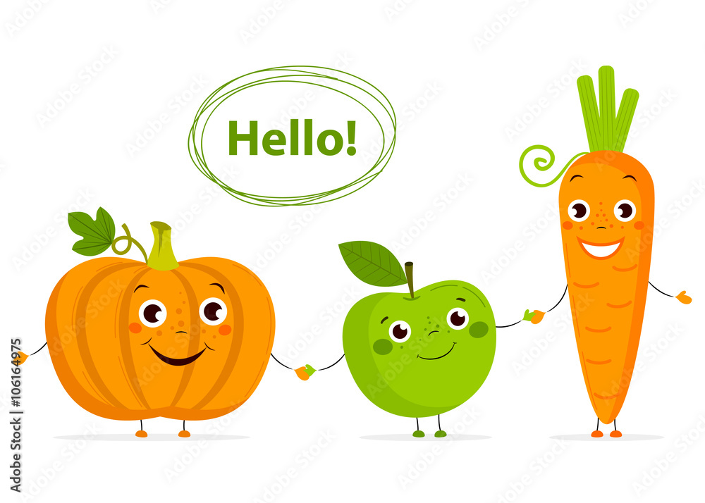 Funny Cartoon fruits and vegetables with eyes in flat style. Carrot, apple,  .pumpkin. Colorful Vector Clip art. Isolated illustration on white Stock  Vector | Adobe Stock