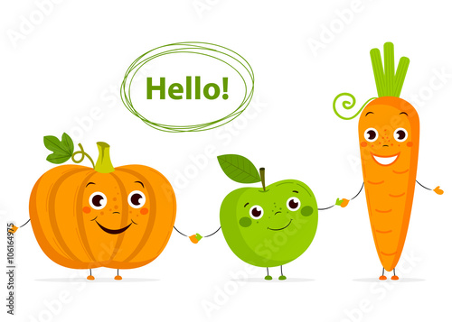 Funny Cartoon fruits and vegetables with eyes in flat style. Carrot, apple, .pumpkin. Colorful Vector Clip art. Isolated illustration on white