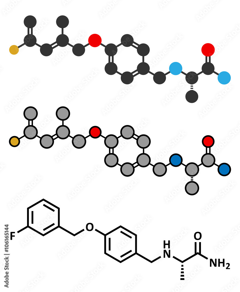 Safinamide Parkinson's disease drug molecule. Safinamide Parkinson's disease drug molecule.