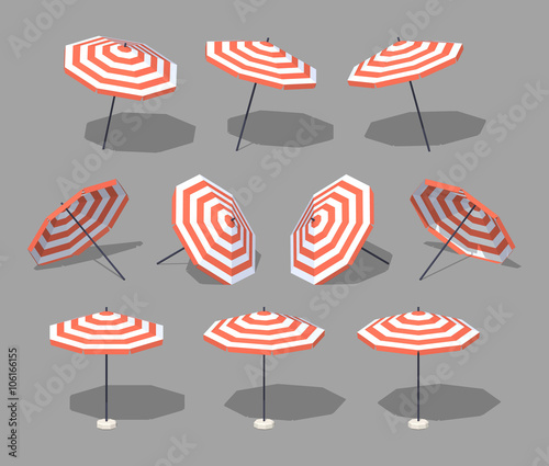Sun umbrella. 3D lowpoly isometric vector illustration. The set of objects isolated against the grey background and shown from different sides