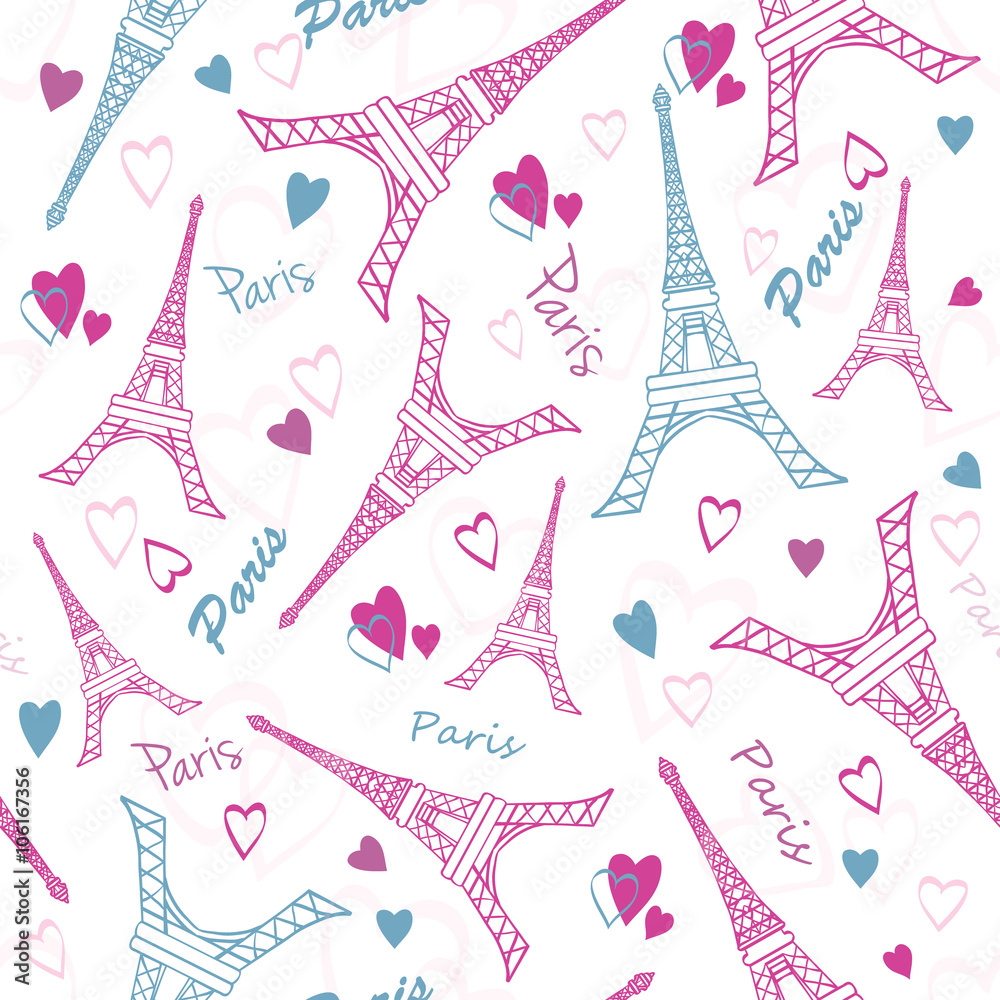 Vector Eifel Tower Paris Love Pink Grey Drawing Seamless Pattern with romantic hearts. Perfect for travel themed designs products, bags, accessories, luggage, clothing.