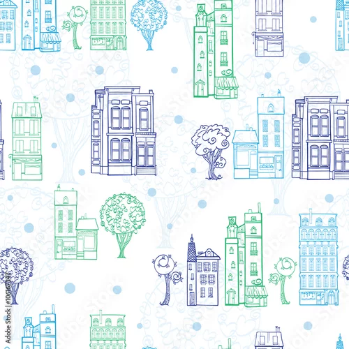 Tapety Wektor kamienic drzew ulice niebiesko zielony rysunek wzór z kropkami. Idealne do podróży o tematyce wzorów produktów, toreb, akcesoriów, bagażu, odzieży, wystroju wnętrz.
