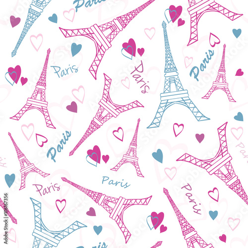 Vector Eifel Tower Paris Love Pink Grey Drawing Seamless Pattern with romantic hearts. Perfect for travel themed designs products, bags, accessories, luggage, clothing.