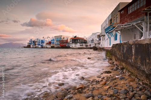 View of Little Venice in the town of Mykonos early in the morning, Greece.