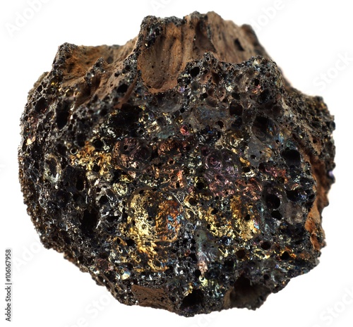 Volcanic basalt rock on white background: pumice rock with dazzling multicolor metallic glass surface.