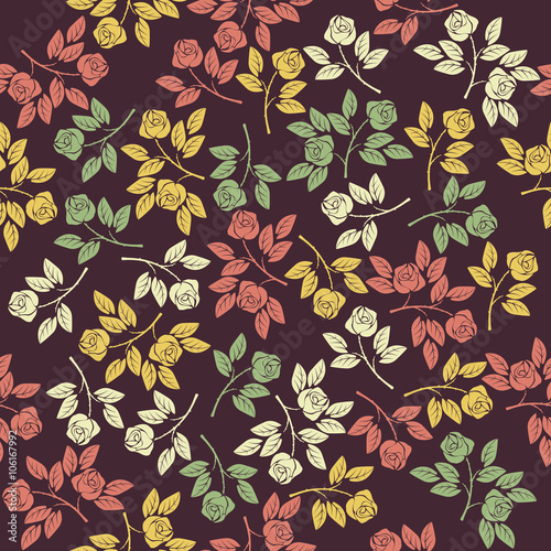 Seamless pattern with colorful roses and leaves