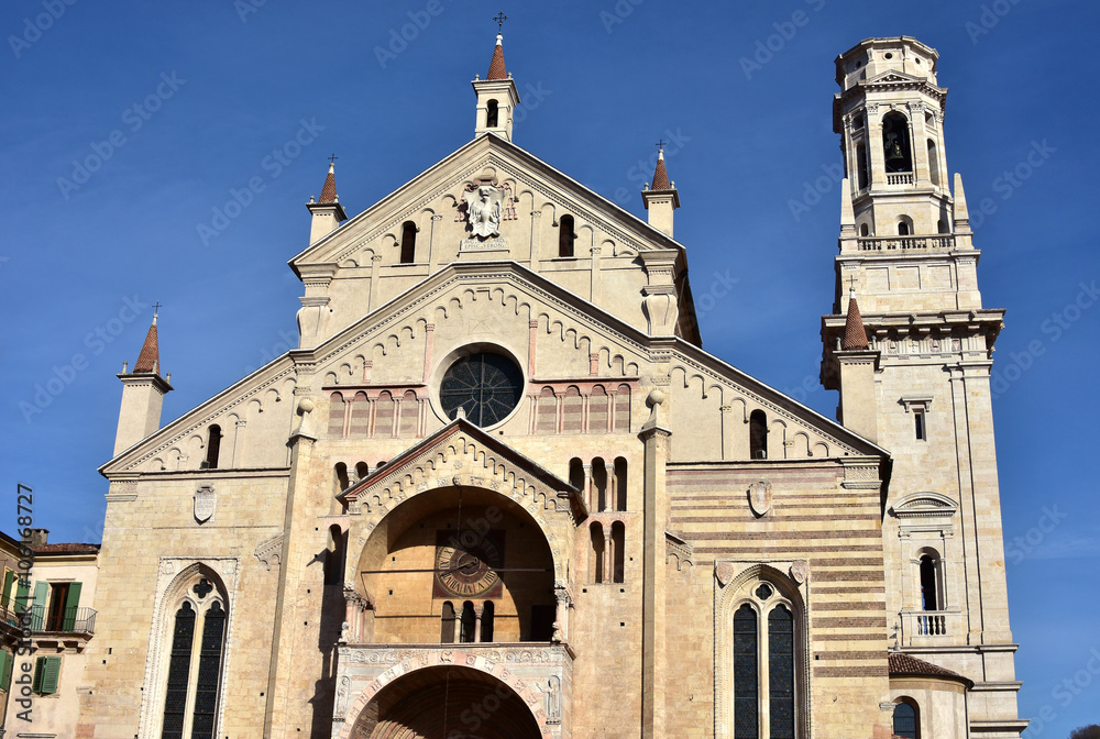 Verona Cathedral facade with its composite style (romanesque, gothic, renaissance) and belfry