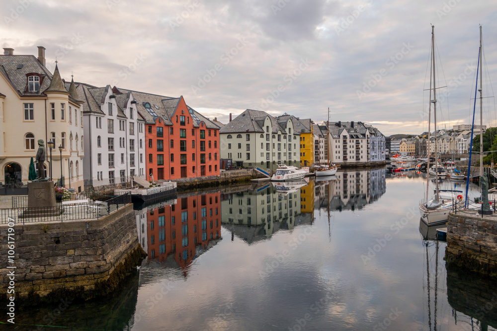 View of the Bay in the center of the Alesund early in the morning