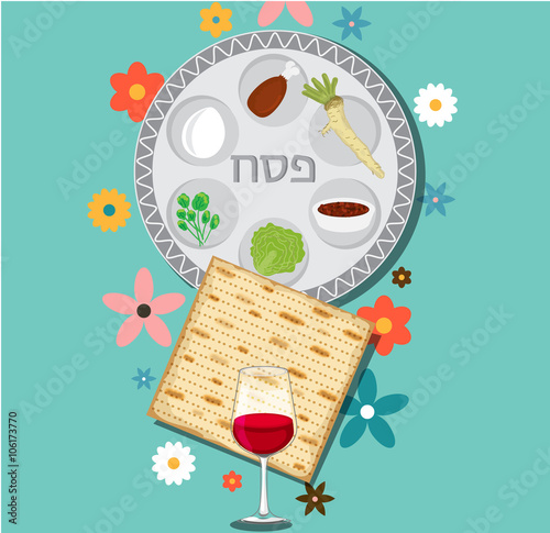 Passover dinner , seder pesach. background with passover plate and traditional food photo