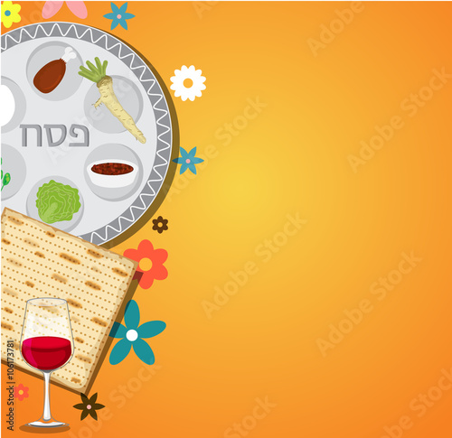 Passover dinner , seder pesach. background with passover plate and traditional food
