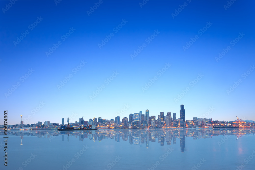 landscape of lake and cityscape of seattle in blue sky