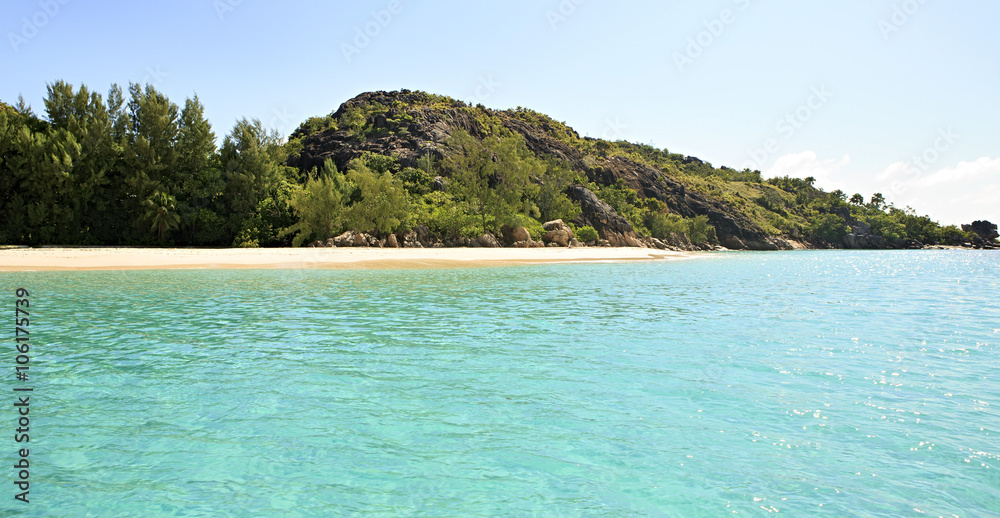 Beautiful beach on Praslin Island in Indian Ocean.