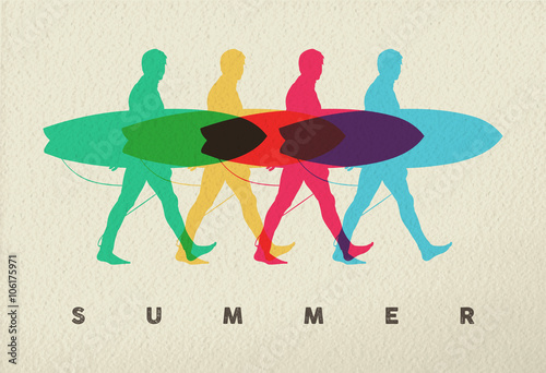 Lets surf on beach man surfer concept design