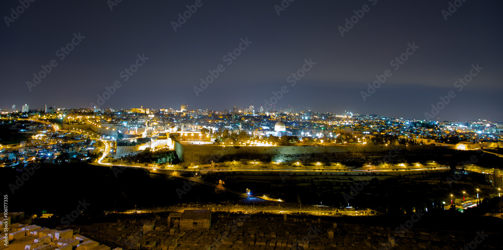 Panorama of Jerusalem at night, Mount of Olives, Middle East