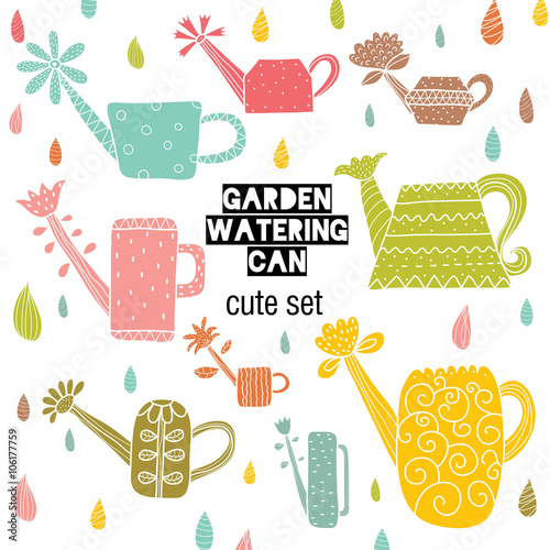 Garden watering can. Cute vector set.