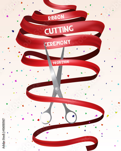 Grand opening card with red long ribbon and confetti