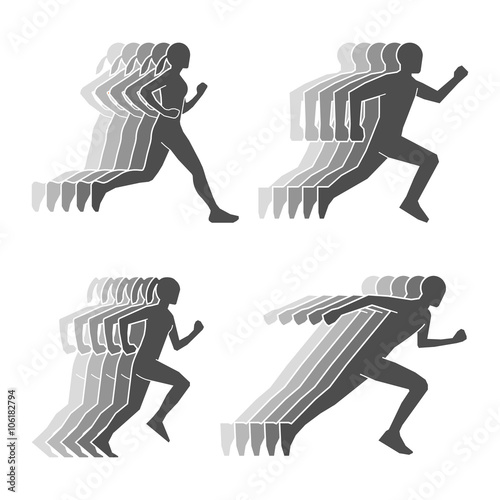 Black silhouettes of runners and trail. Symbol for running club. Vector running icon. Modern silhouettes of running boy and girl.