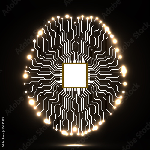 Neon brain. Cpu. Circuit board. Abstract technology background
