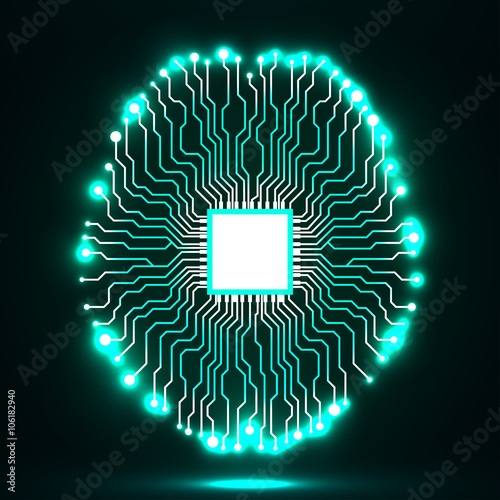 Neon brain. Cpu. Circuit board. Abstract technology background