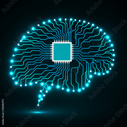 Neon brain. Cpu. Circuit board. Abstract technology background