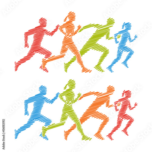 Shading marathon logo. Pencil drawing symbol for running club. Colorful running icon. Shading silhouettes of running boy and girl.