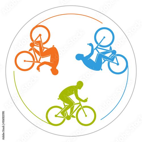 Circular logo Cycling. Vector symbol for cycling club. Colorful icon cyclist. Silhouette of man on bicycle.