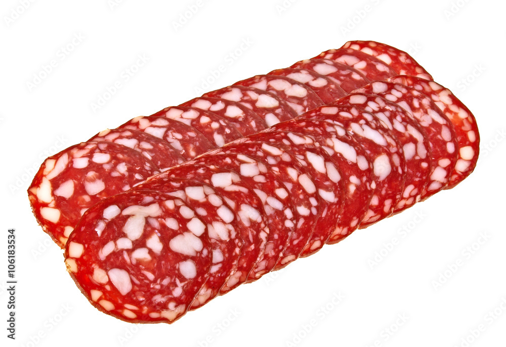Slices of sausage isolated on white background