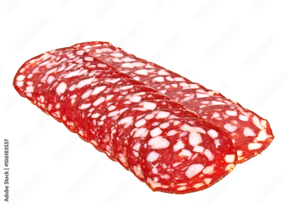 Slices of sausage isolated on white background Slices of sausage isolated on white background
