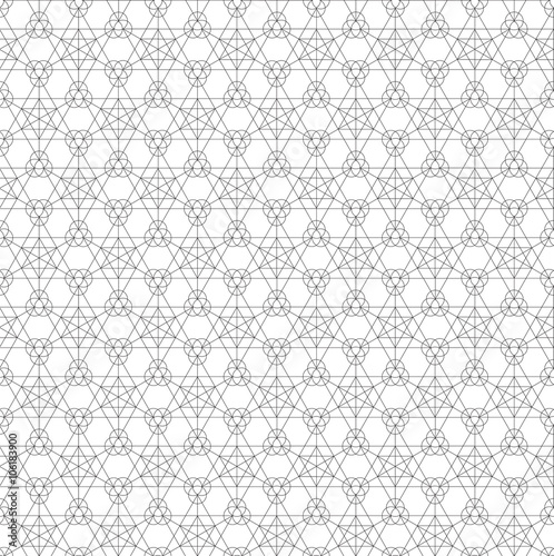 Vector black outline triangle hexagon circle sacral geometry abstract seamless pattern isolated white background