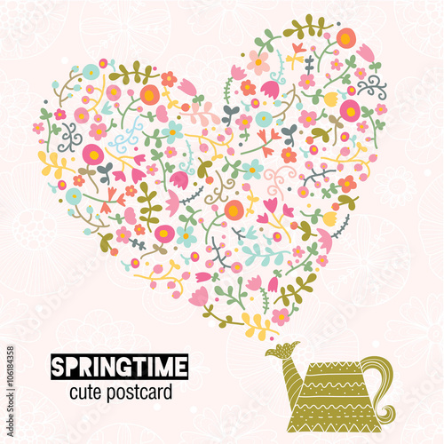 Postcard with flowers and watering can. Cute vector illustration.