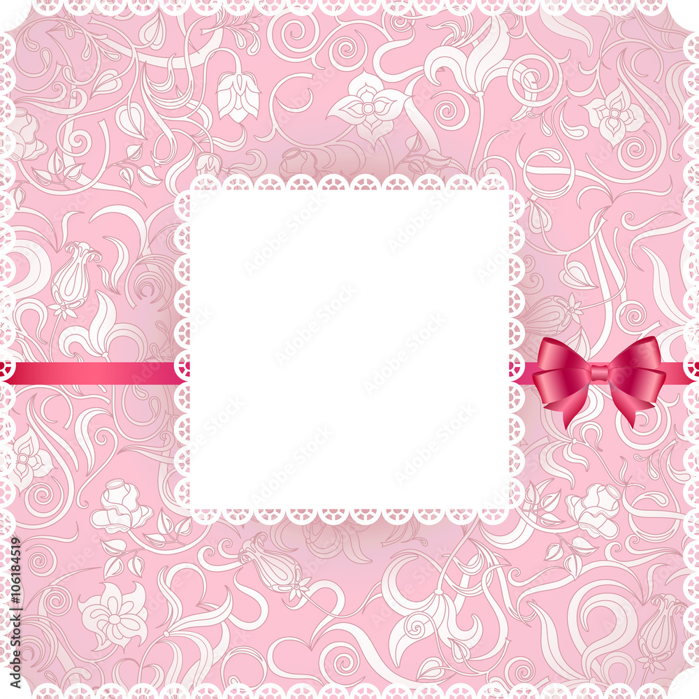 Текстура с изображением цветочного белого винтажного орнамента на розовом фоне. Фон с белой ажурной рамкой.