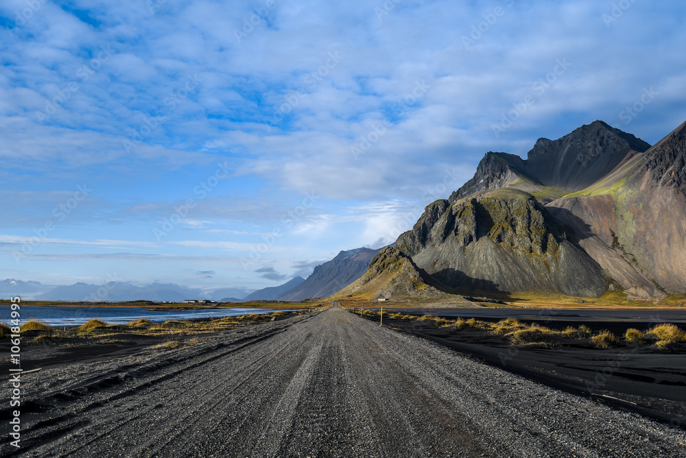 Road and mountain near Stokksness, Iceland