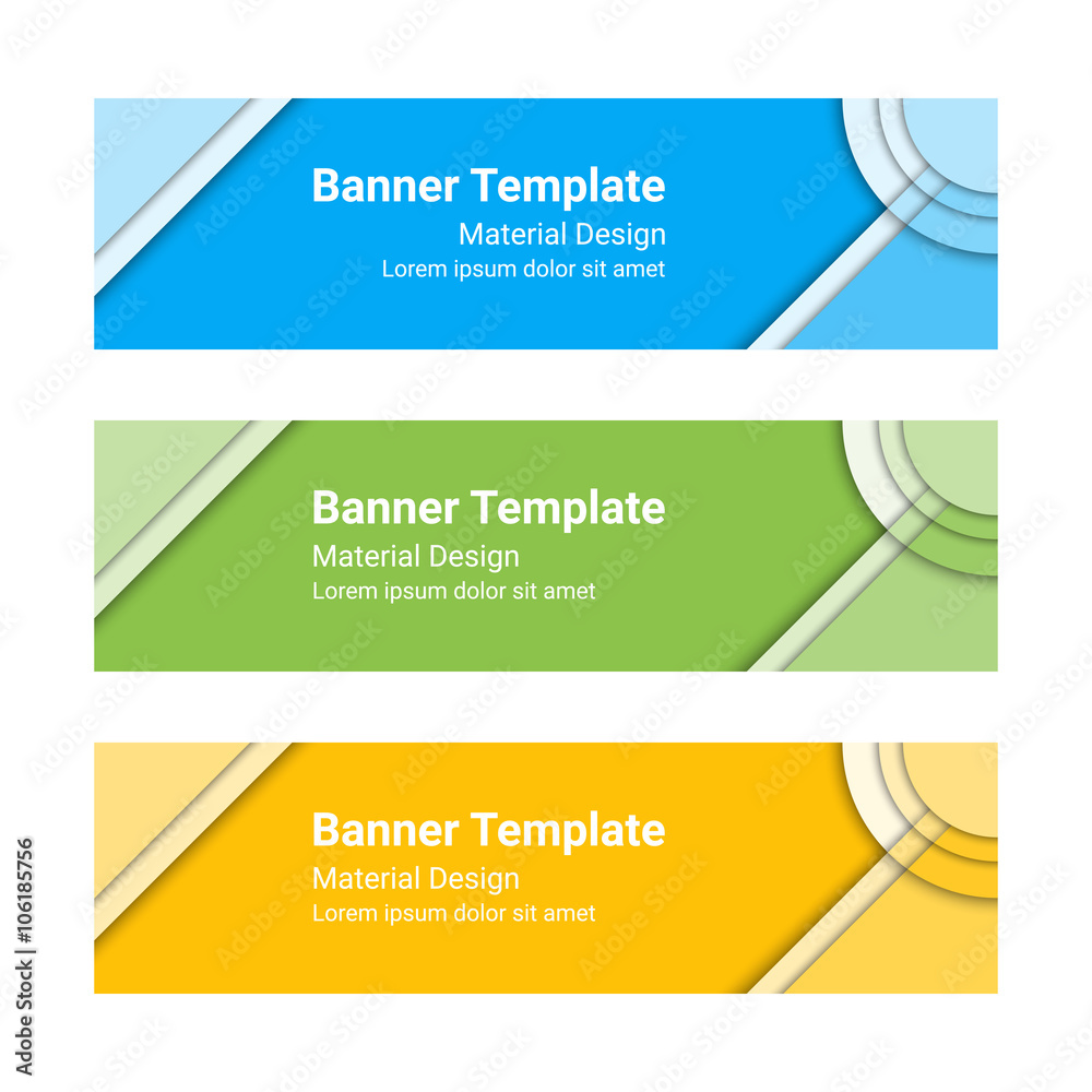 Fototapeta premium Material design banners. Set of modern colorful horizontal vector banners, page headers. Can be used as a trendy business template or in a web design. Vector illustration.
