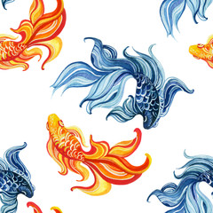 Wandcirkels Goudvis patronen Aziatische goudvissen aquarelillustratie  © Tanya Syrytsyna