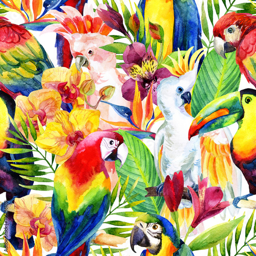 Carta da parati Pappagalli - Carta da parati watercolor parrots with tropical flowers seamless pattern