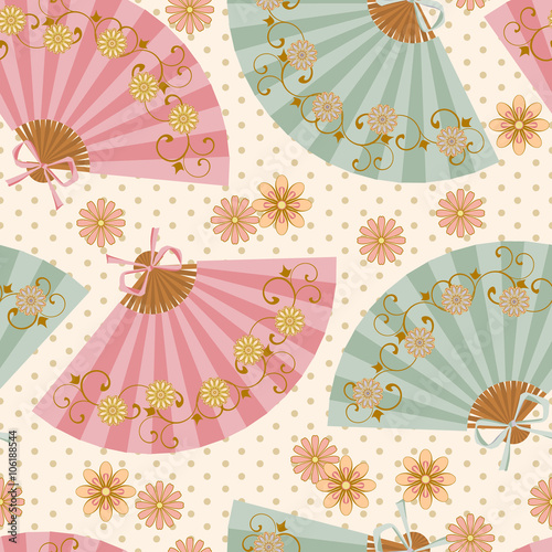 Multi-colored fan with flower pattern in Oriental style.