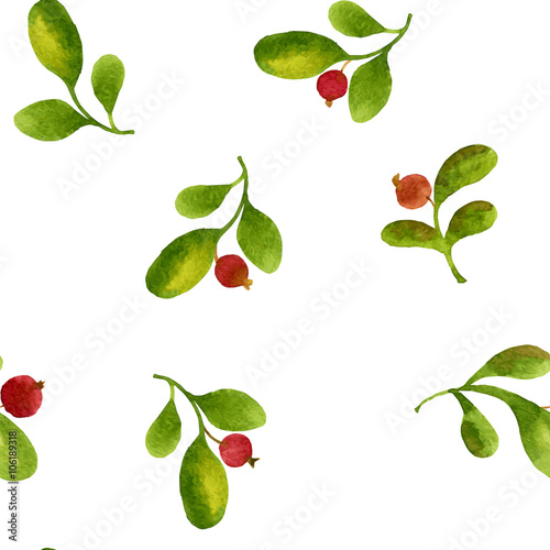 seamless pattern with watercolor green leaves and red berries