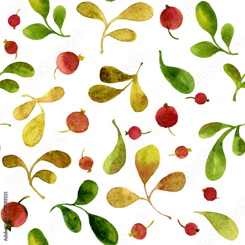 seamless pattern with watercolor green leaves and red berries