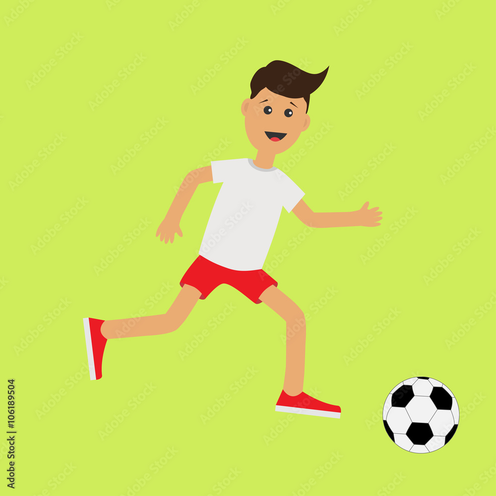 Funny cartoon running guy with soccer ball. Football player. Cute run boy  Jogging man Runner Fitness workout running male character Green background.  Flat design Stock Vector | Adobe Stock