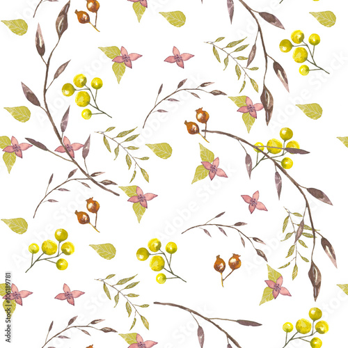 the pattern of twigs and berries. twigs, berries watercolor drawings, small leaves and flowers. For design pillowcase, sheets, duvet covers, different textile accessories
