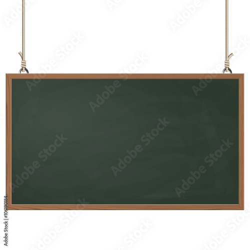 black board hanging on ropes