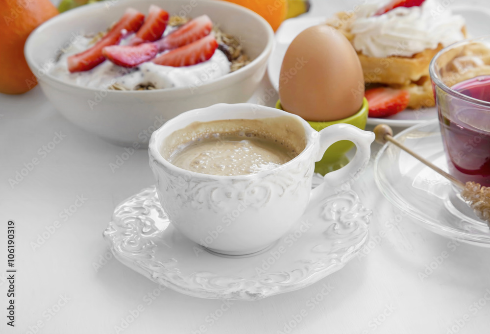 Morning coffee cup with breakfast meal