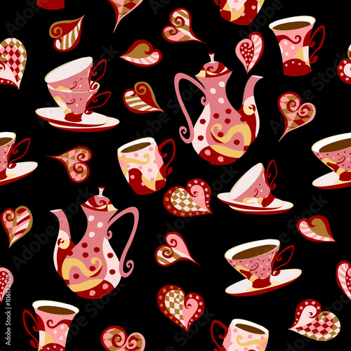 Seamless pattern in Doodle style with  teapot cups and hearts.
