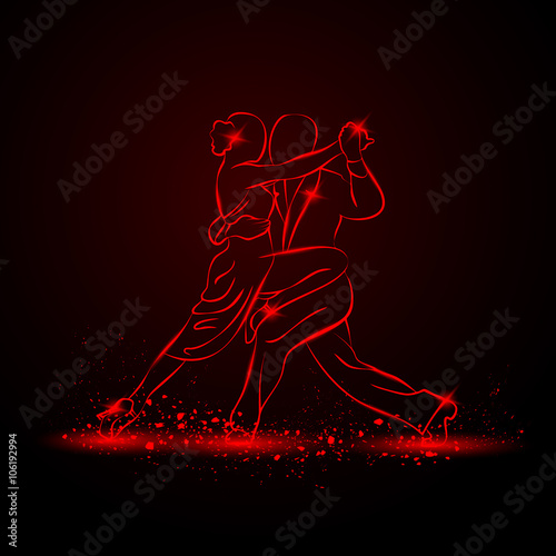 Couple dancing tango. Vector red neon illustration.
