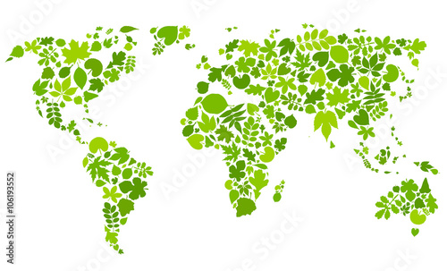 Continents of green leaves. World map made of floral elements. Vector illustration. Eco concept. Earth from different leaves.