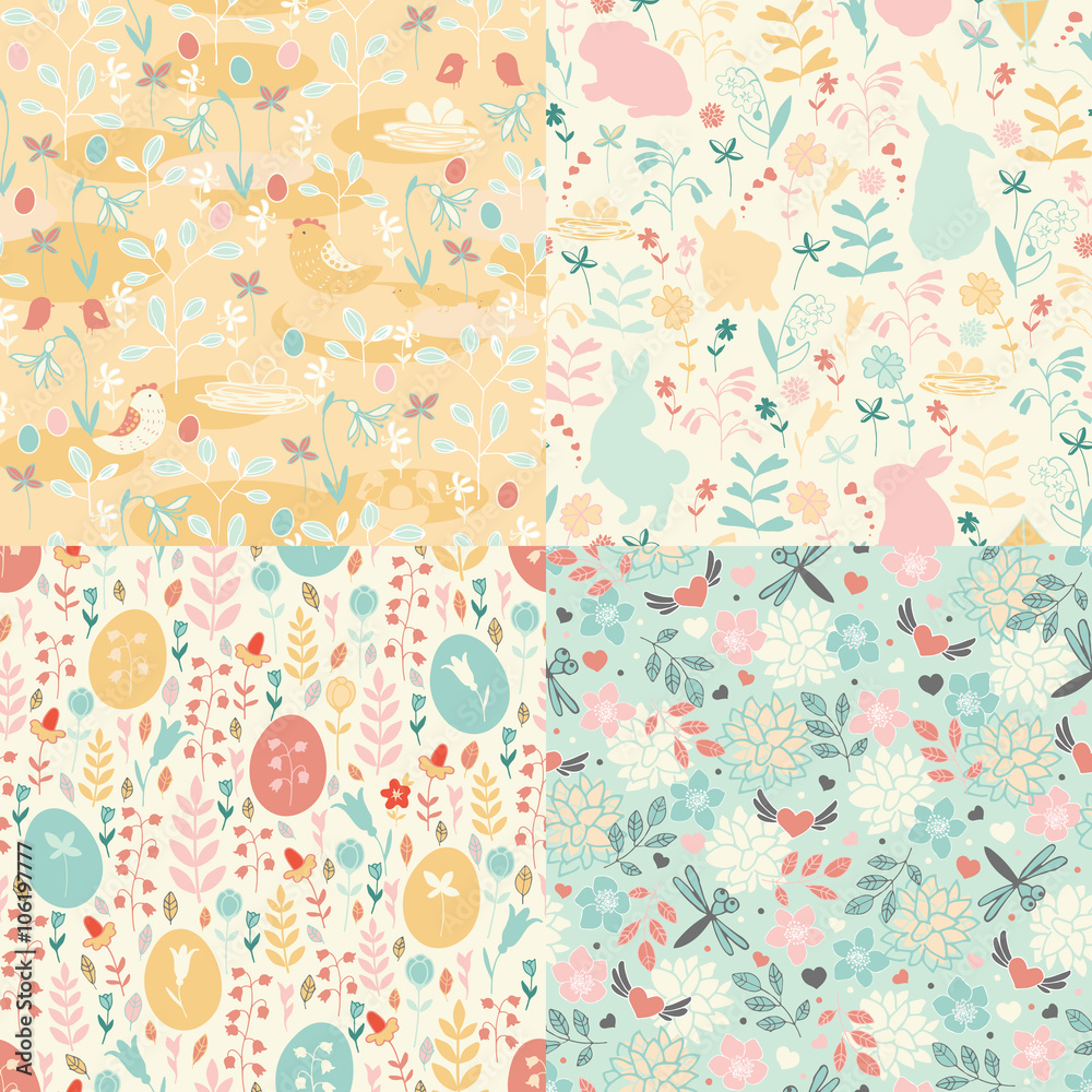 Seamless patterns Easter theme with hand painted funny bunnies, eggs and birds.